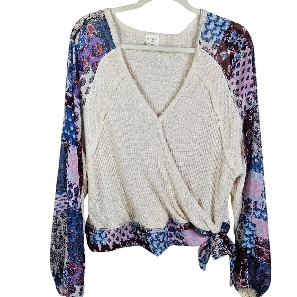 By Together Wrap Look Waffle Knit Pullover Blouse Contrast Sleeves Size Large